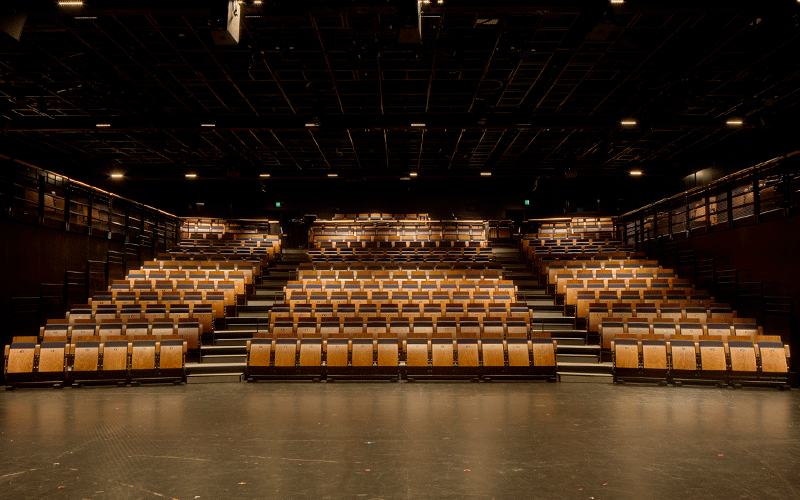 Photo of The Wharf seating bank, moodily lit rows of seats photographed from ground floor stage level