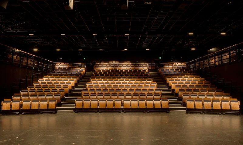Photo of The Wharf seating bank, moodily lit rows of seats photographed from ground floor stage level
